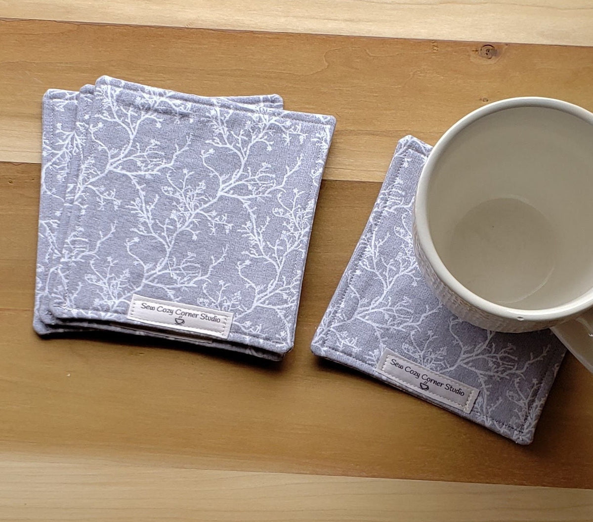 Simple Gray Cloth Penelope Large Coasters - Set of 4, Reversible Fabric Mug Rugs, Everyday Table Setting