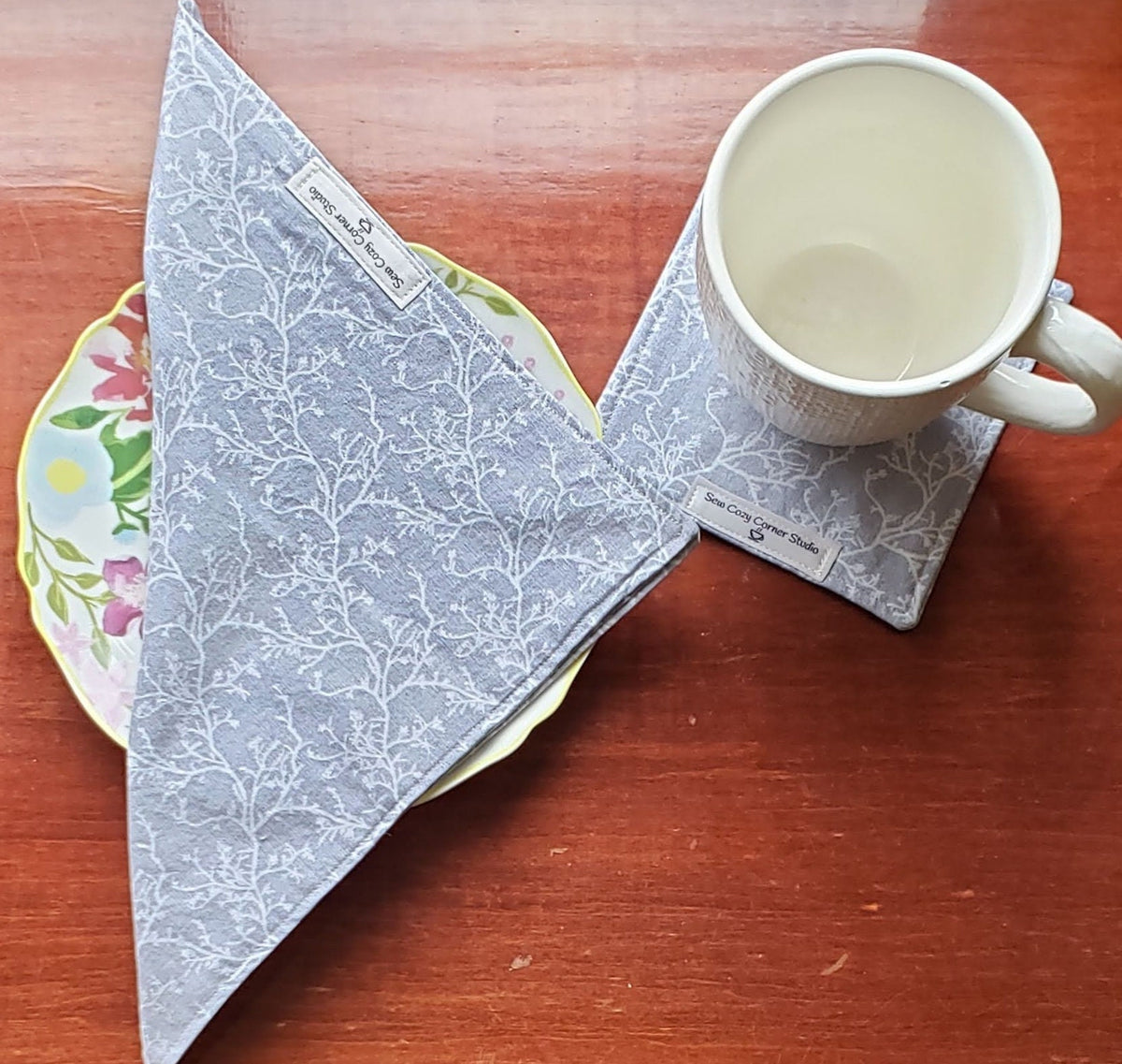 Simple Gray Cloth Penelope Large Coasters - Set of 4, Reversible Fabric Mug Rugs, Everyday Table Setting