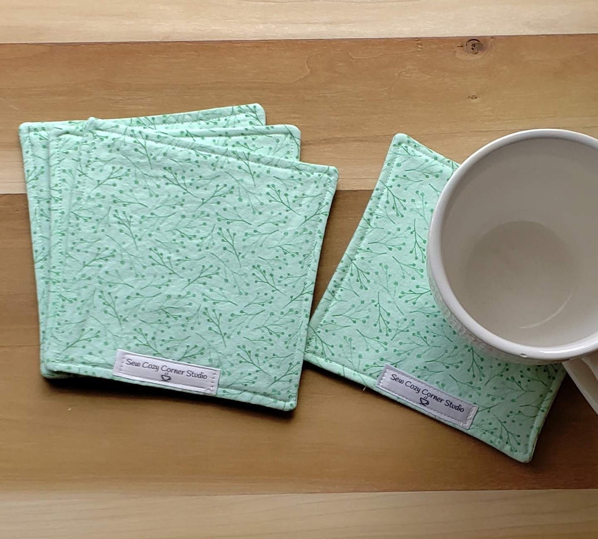 Simple Green Cloth Penelope Large Coasters - Set of4, Reversible Fabric Mug Rugs, Everyday Table Setting