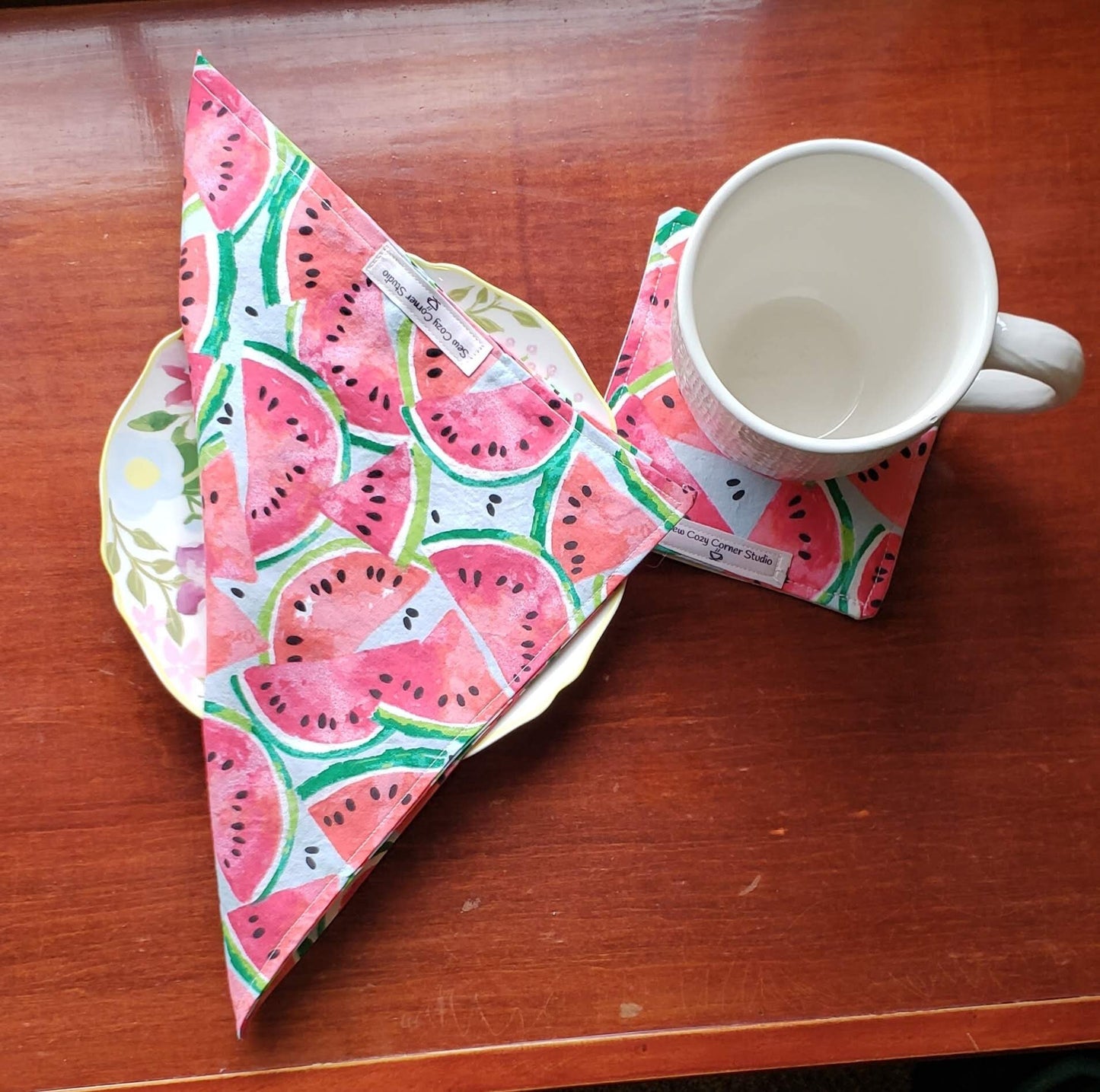 Watermelon Cloth Napkins - Set of 4, Reversible Fabric Napkins, Handmade Gift, Summer