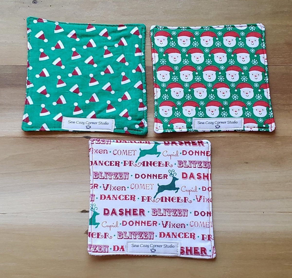 Santa and Reindeer Mix and Match- Set of 2 Fabric Penelope Large Coasters, Mug Rugs