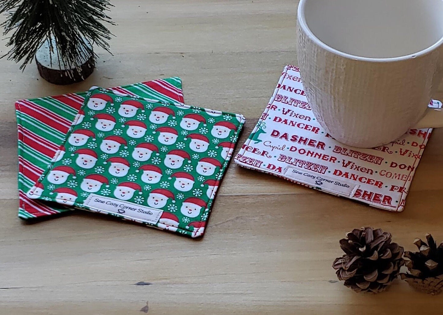 Santa and Reindeer Mix and Match- Set of 2 Fabric Coasters, Mug Rugs