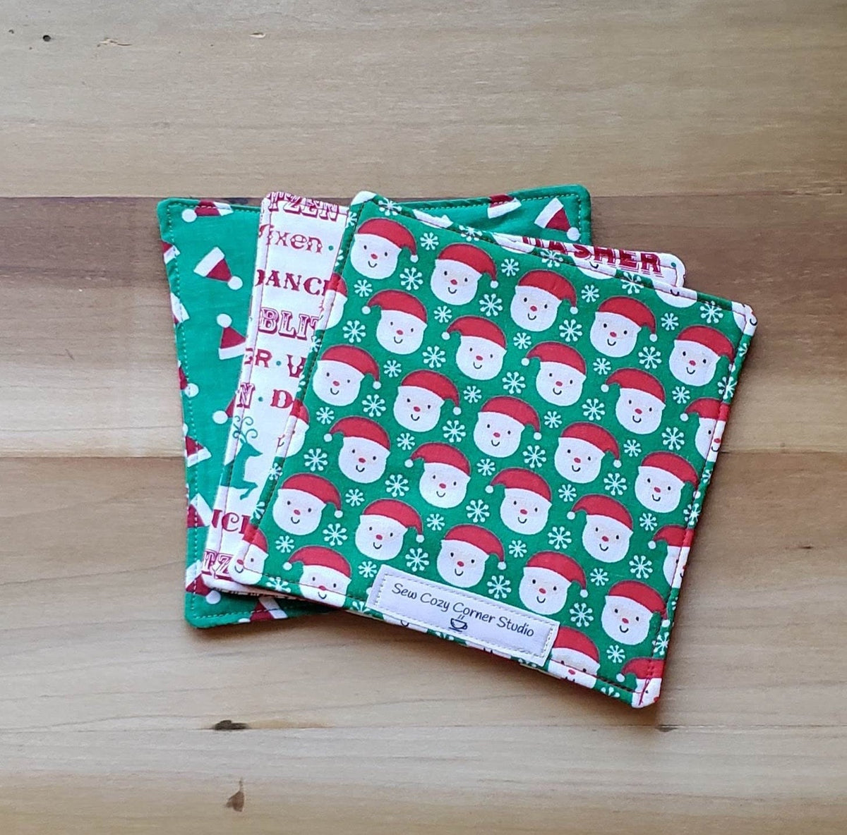 Santa and Reindeer Mix and Match- Set of 2 Fabric Penelope Large Coasters, Mug Rugs