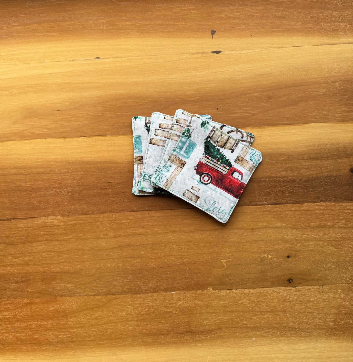 Reversible Mini Fabric Coasters - Hot Cocoa and Red Truck, Set of 4
