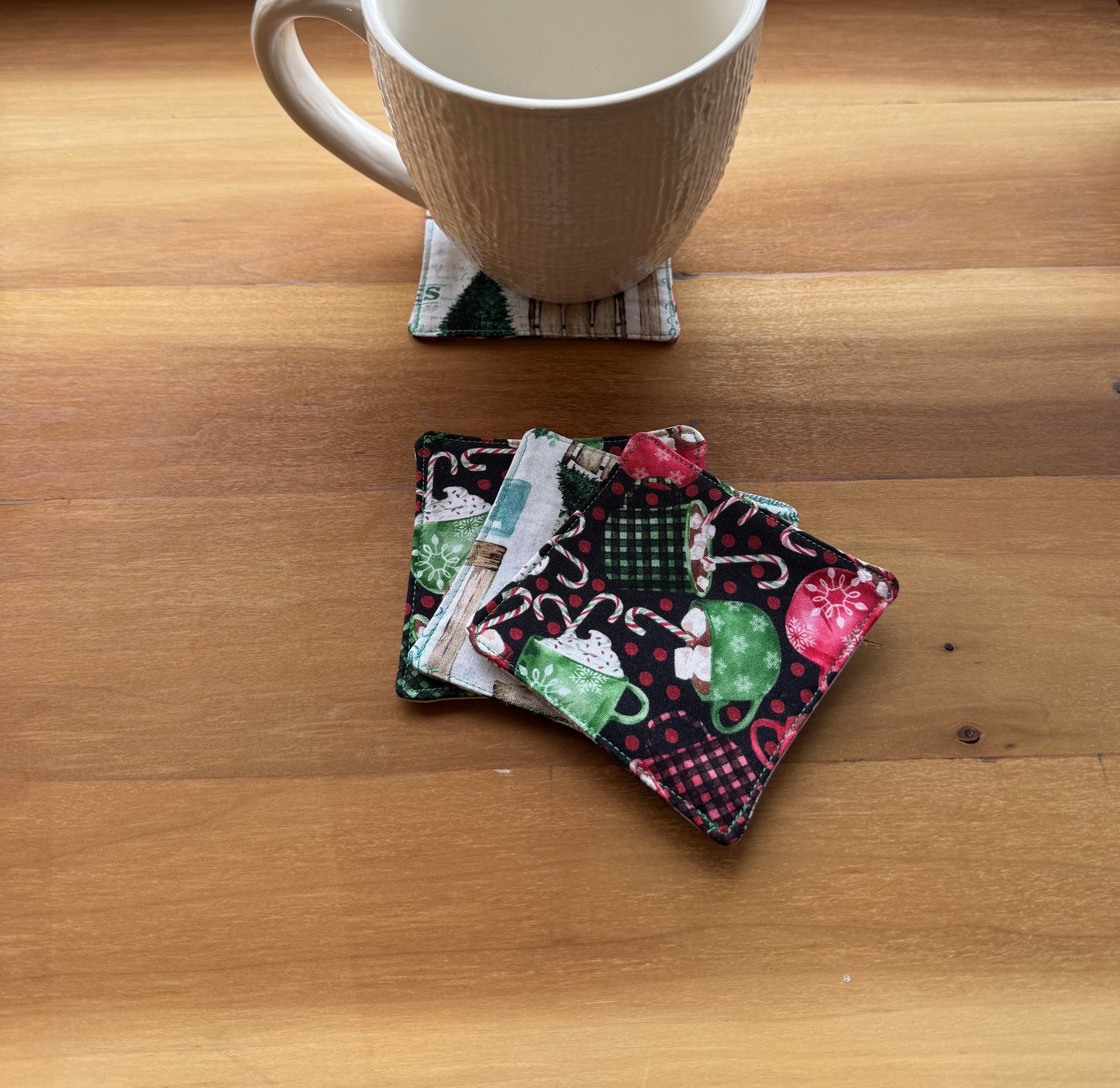 Reversible Mini Fabric Coasters - Hot Cocoa and Red Truck, Set of 4