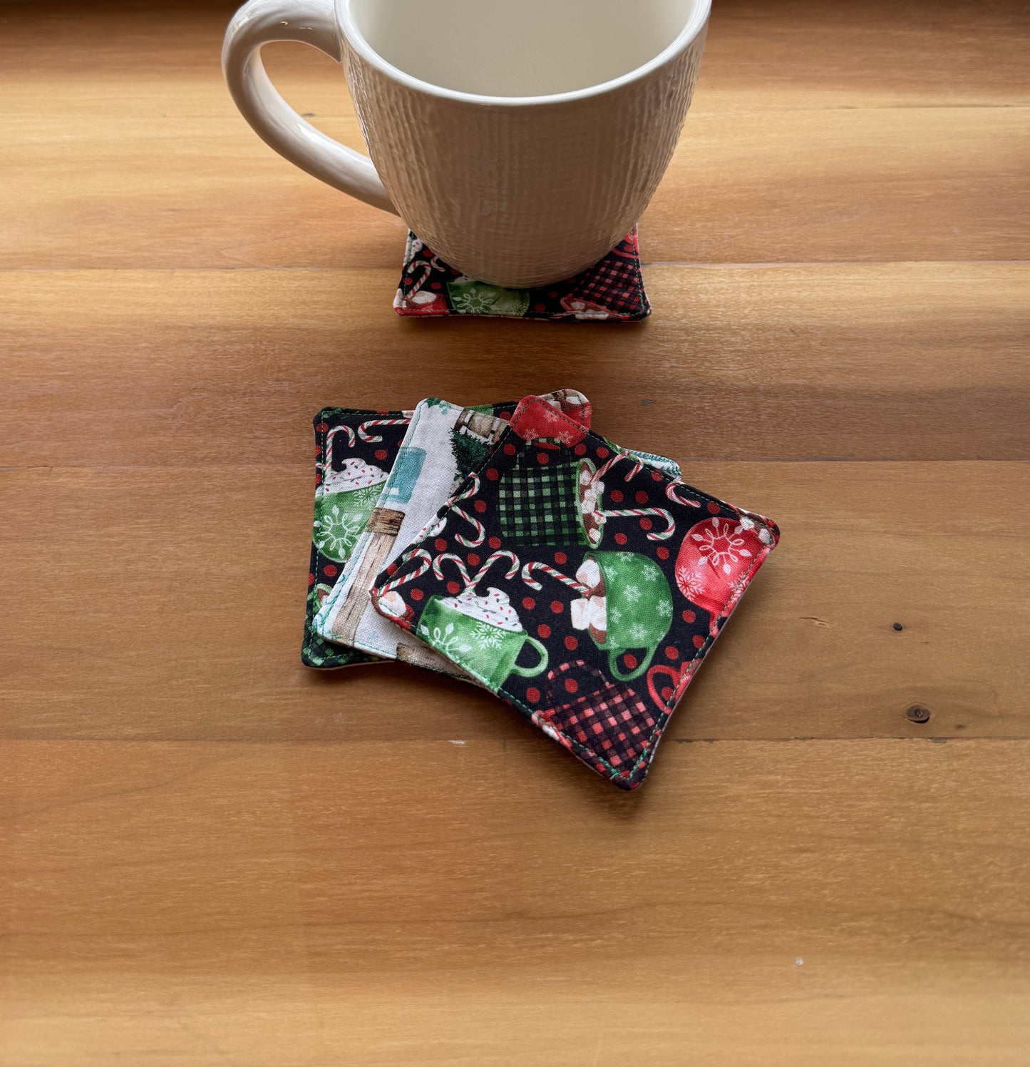 Reversible Mini Fabric Coasters - Hot Cocoa and Red Truck, Set of 4