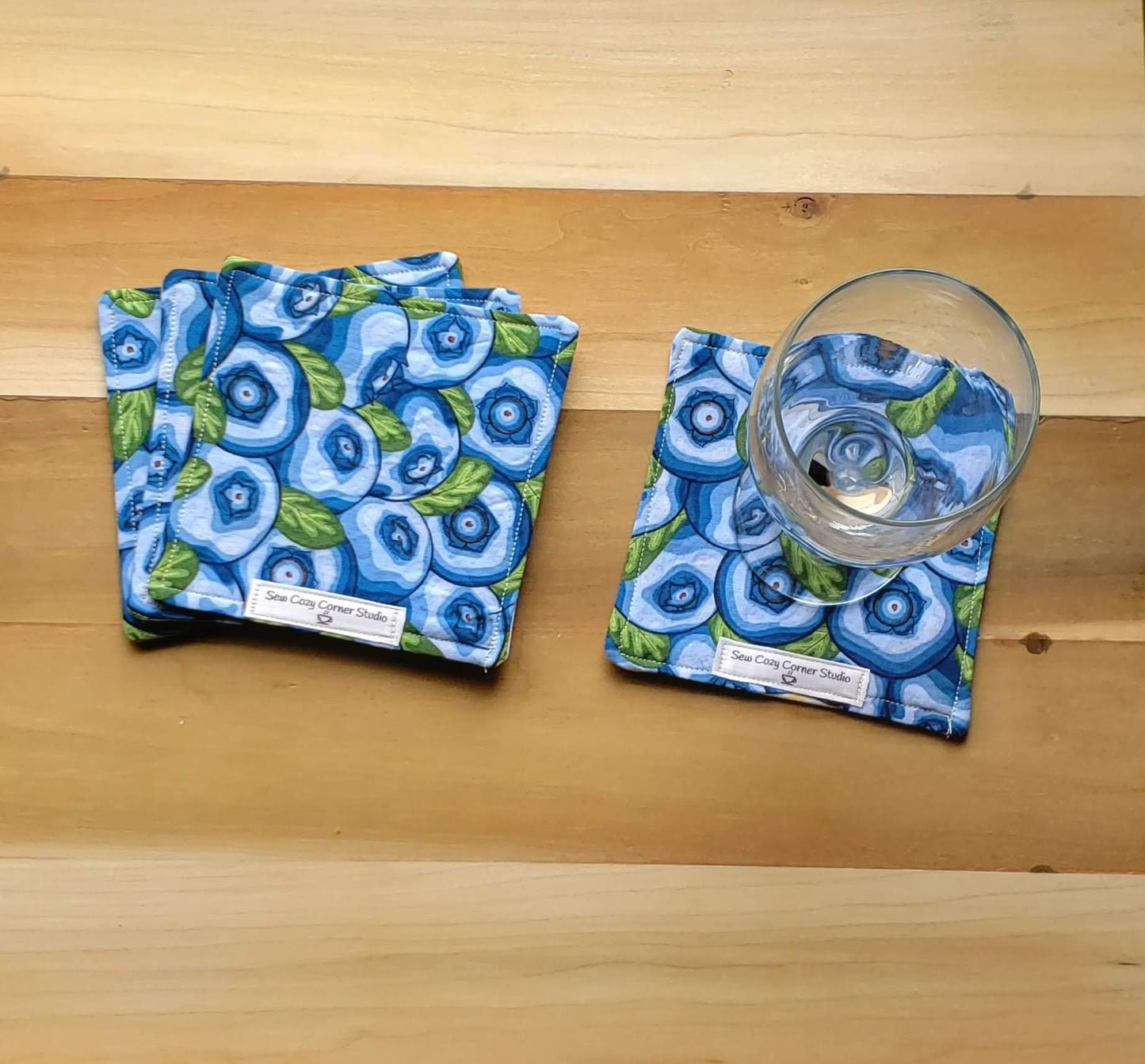 Penelope Blueberry Cloth Coaster - Set of 4, Fabric Mug Rugs, Reversible