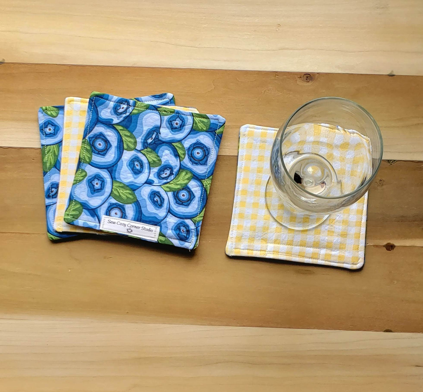 Penelope Blueberry Cloth Coaster - Set of 4, Fabric Mug Rugs, Reversible