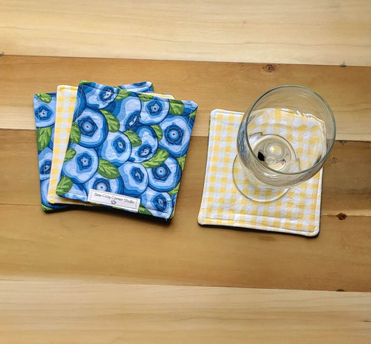 Penelope Blueberry Cloth Coaster - Set of 4, Fabric Mug Rugs, Reversible