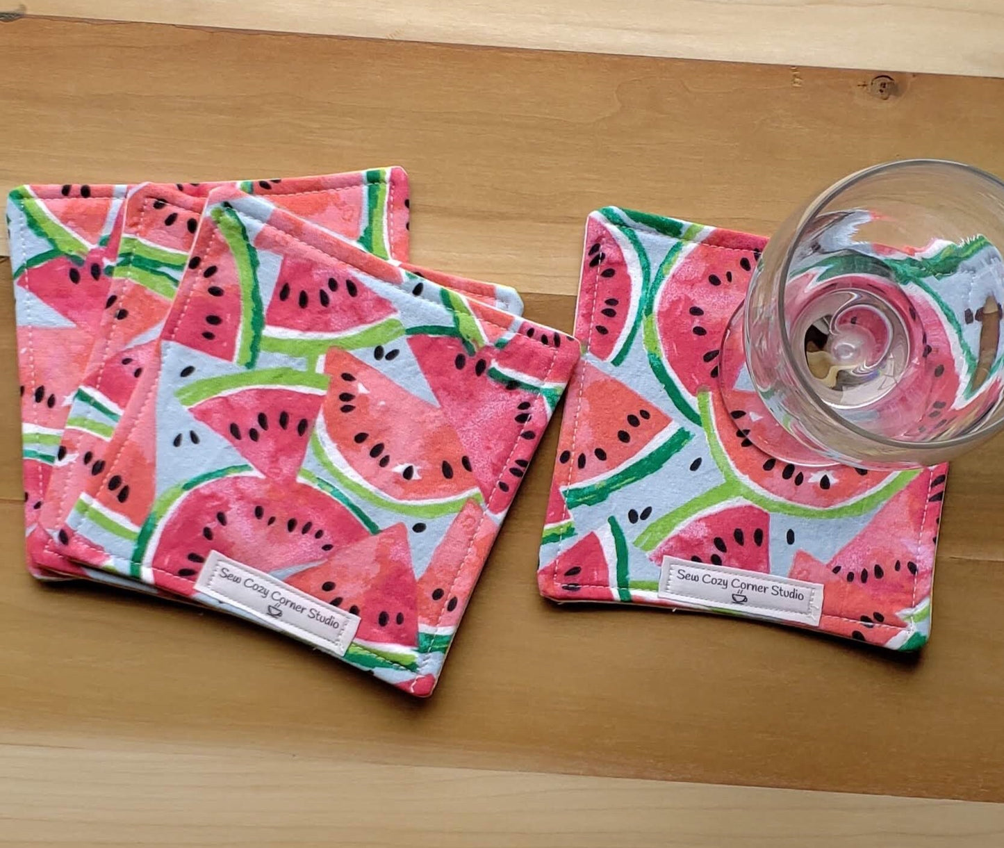 Watermelon Coasters - Set of 4, Reversible Cloth Coasters, Mug Rugs, Handmade Gift