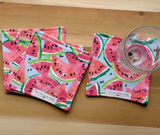 Watermelon Coasters - Set of 4, Reversible Cloth Coasters, Mug Rugs, Handmade Gift