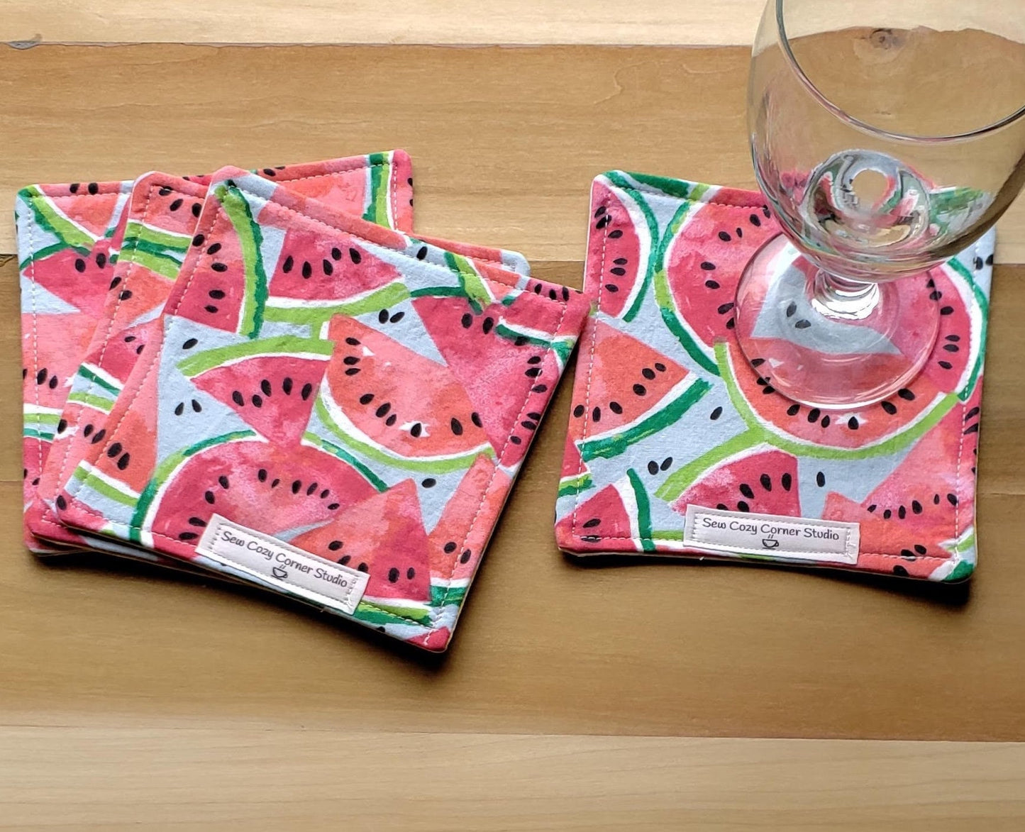 Watermelon Coasters - Set of 4, Reversible Cloth Coasters, Mug Rugs, Handmade Gift