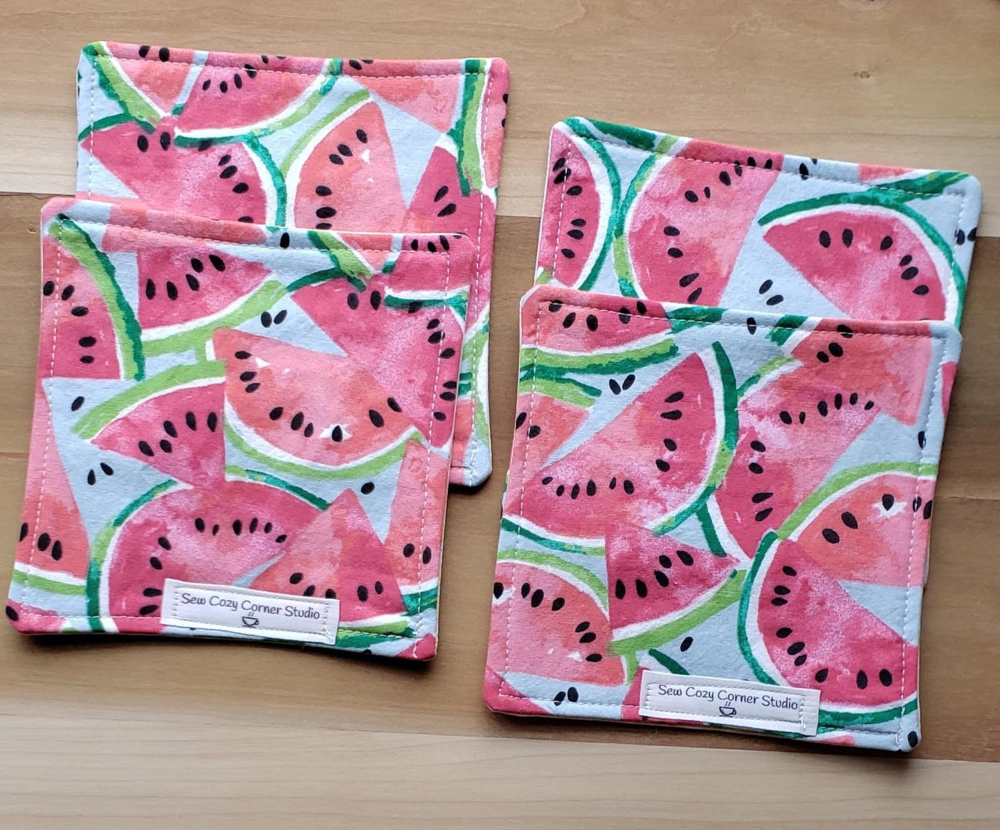 Watermelon Coasters - Set of 4, Reversible Cloth Coasters, Mug Rugs, Handmade Gift