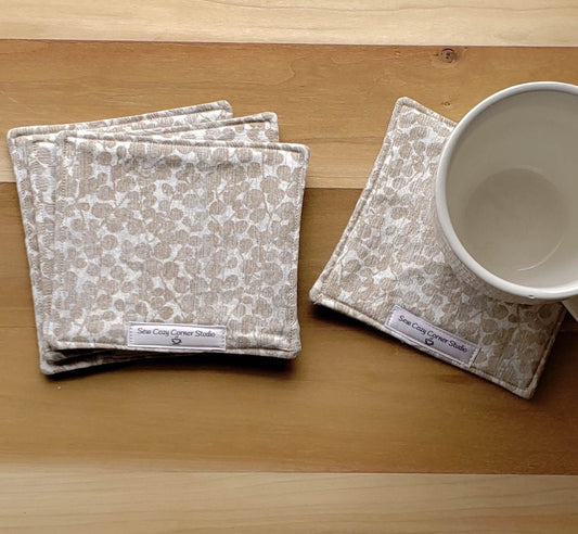 Simple Leaf Print Cloth Coasters - Set of 4, Reversible Fabric Mug Rugs, Everyday Table Setting