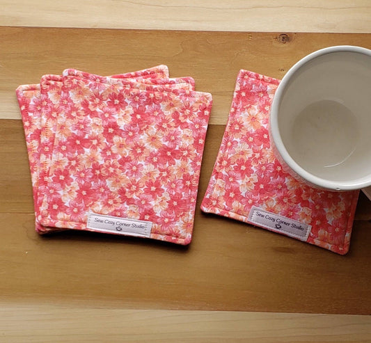 Simple Multicolored Flower Cloth Coasters - Set of 4, Reversible Fabric Mug Rugs, Everyday Table Setting