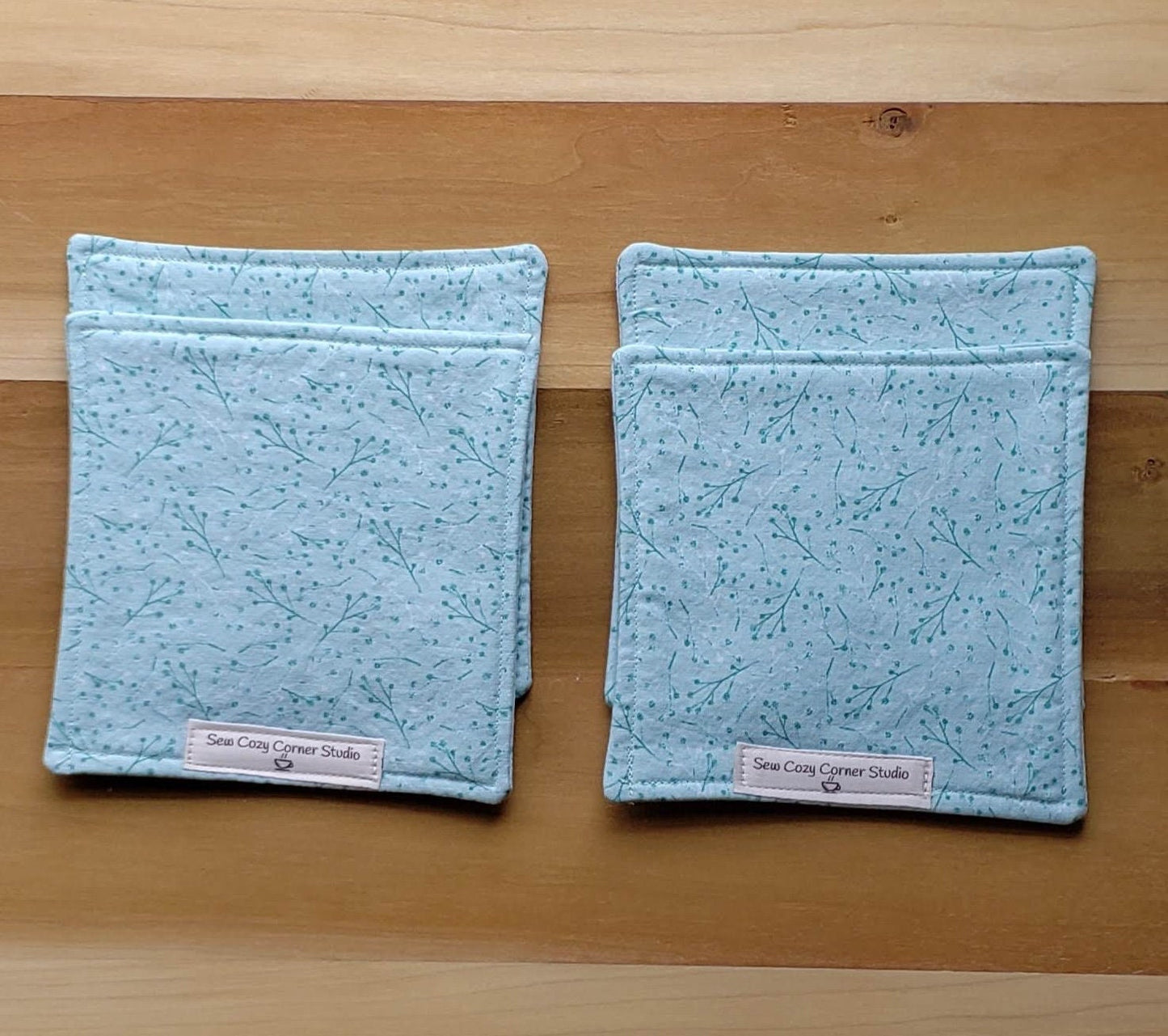 Simple Light Blue Green Cloth Coasters - Set of 4, Reversible Fabric Mug Rugs, Everyday Table setting