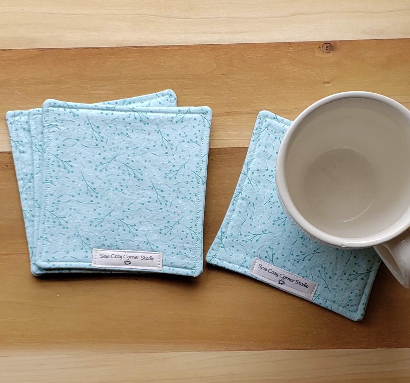 Simple Light Blue Green Cloth Coasters - Set of 4, Reversible Fabric Mug Rugs, Everyday Table setting