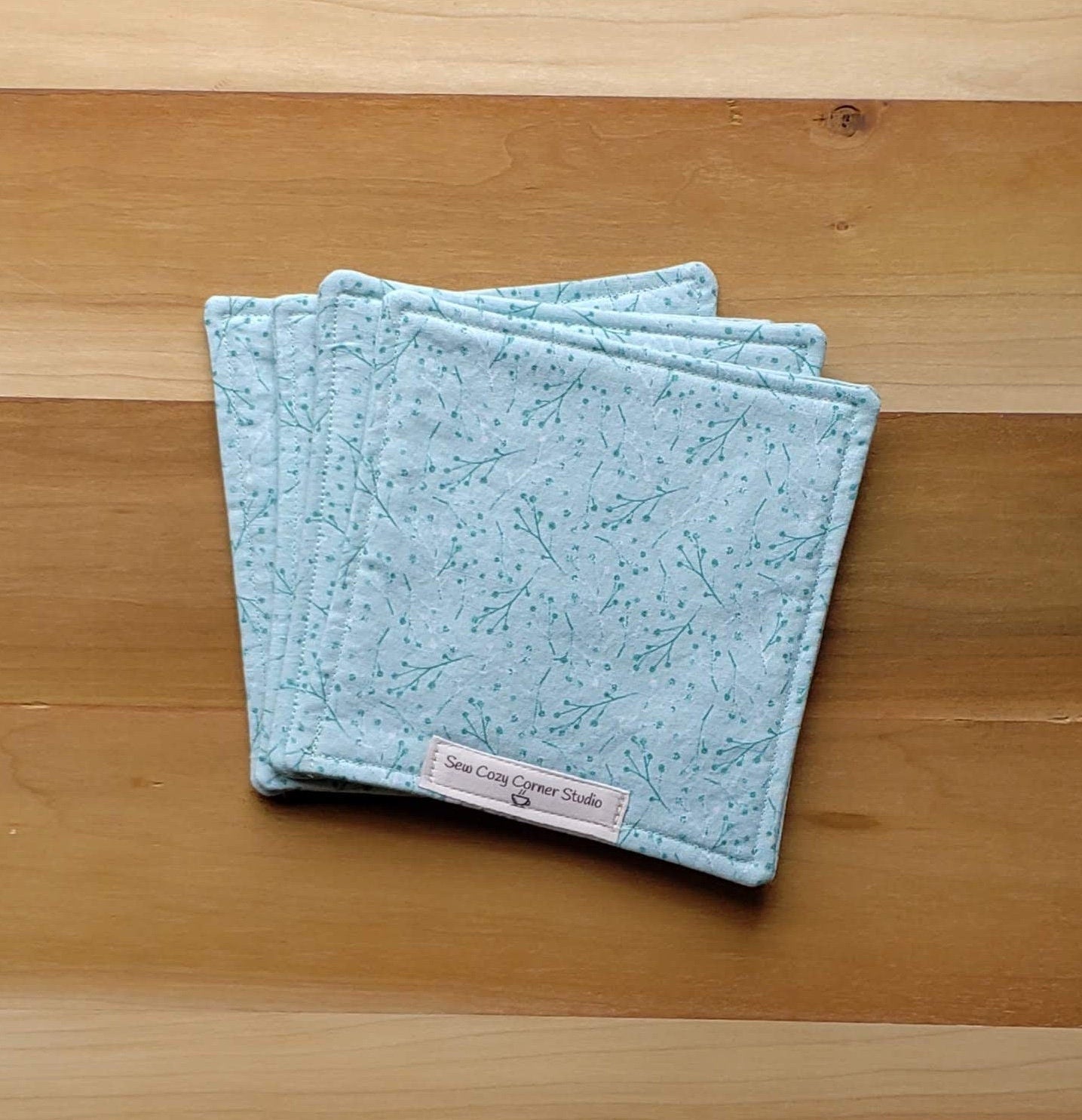 Simple Light Blue Green Cloth Coasters - Set of 4, Reversible Fabric Mug Rugs, Everyday Table setting