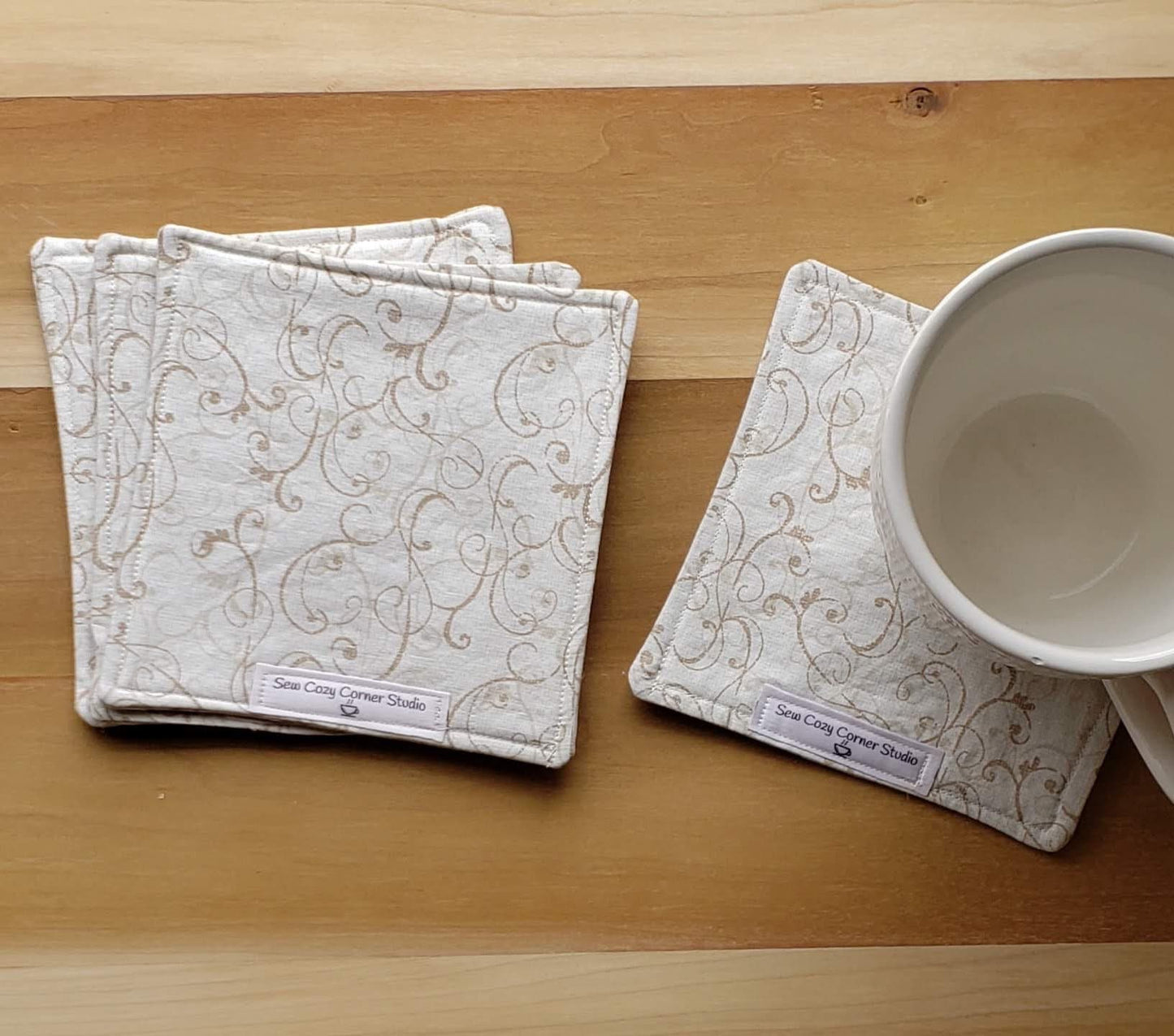 Simple Beige Cloth Coasters • Set of 4, Reversible Fabric Mug Rugs