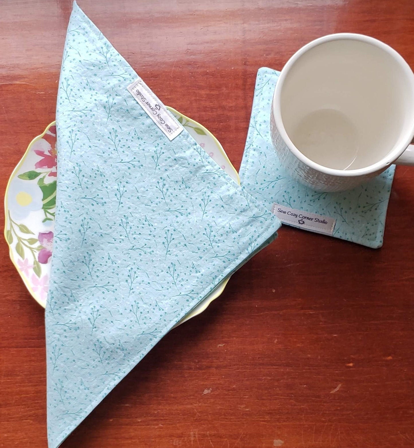 Simple Light Blue Green Cloth Coasters - Set of 4, Reversible Fabric Mug Rugs, Everyday Table setting