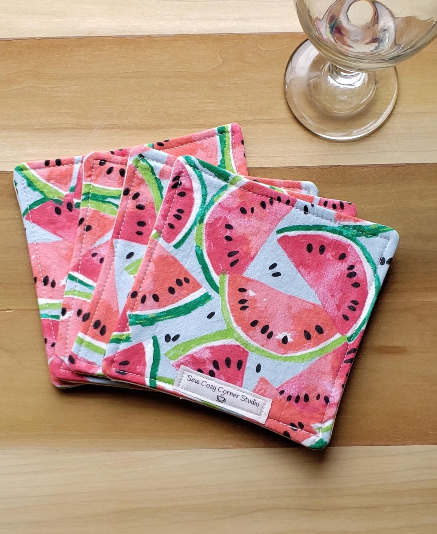 Watermelon Coasters - Set of 4, Reversible Cloth Coasters, Mug Rugs, Handmade Gift