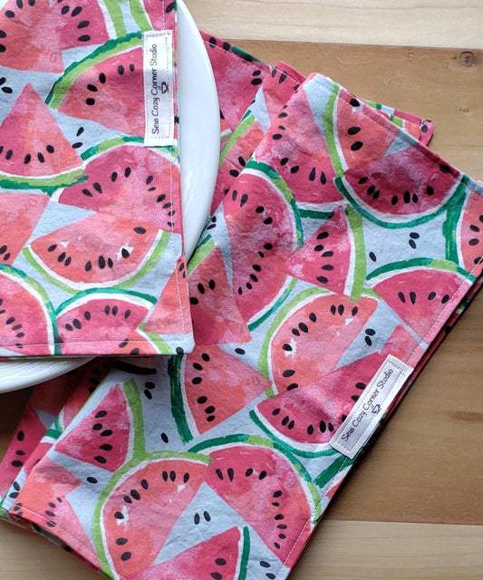 Watermelon Cloth Napkins  -  Set of 4, Reversible Fabric Napkins, Handmade Gift, Summer