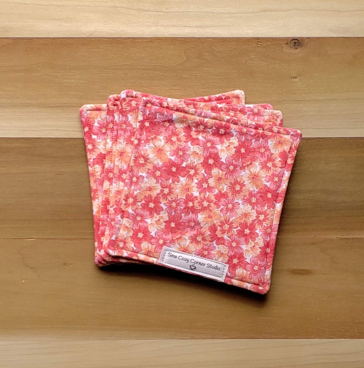 Simple Multicolored Flower Cloth Coasters - Set of 4, Reversible Fabric Mug Rugs, Everyday Table Setting