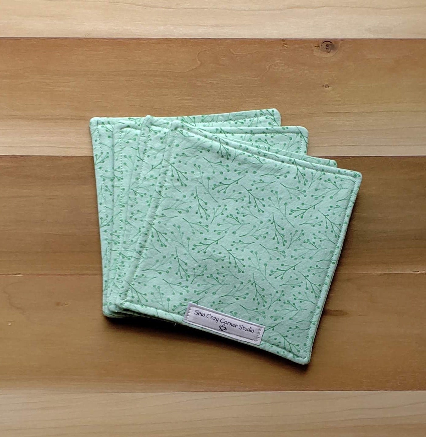 Simple Green Cloth Coasters - Set of4, Reversible Fabric Mug Rugs, Everyday Table Setting