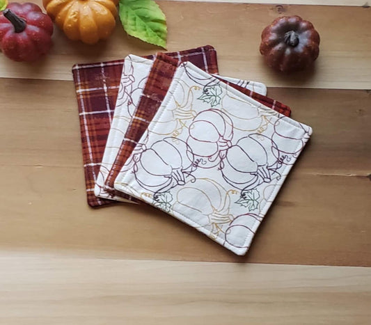 Pumpkins and Plaid Coasters - Set of 4, Autumn Table, Cotton