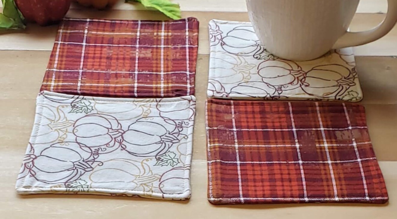 Pumpkins and Plaid Coasters - Set of 4, Autumn Table, Cotton