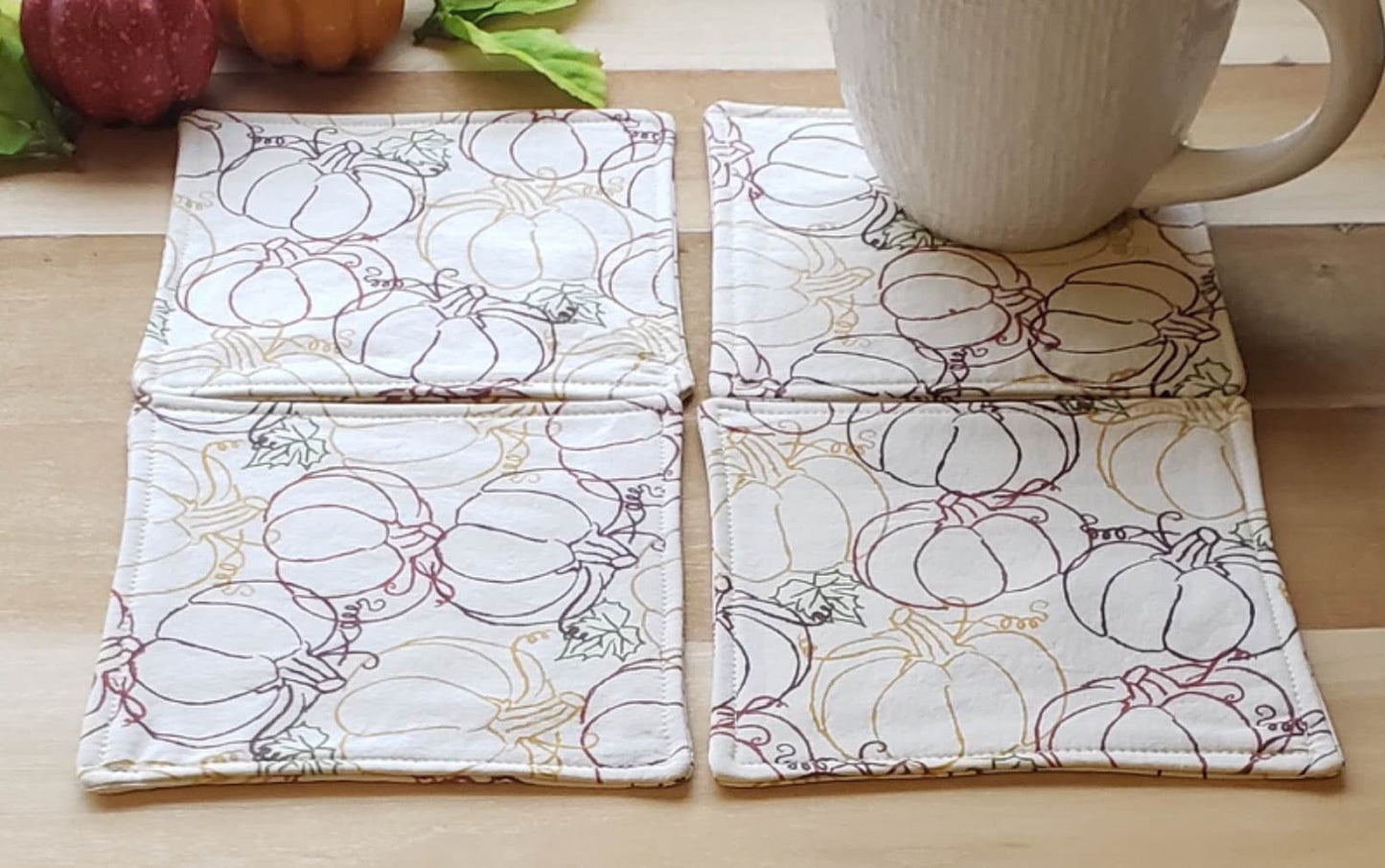 Pumpkins and Plaid Coasters - Set of 4, Autumn Table, Cotton