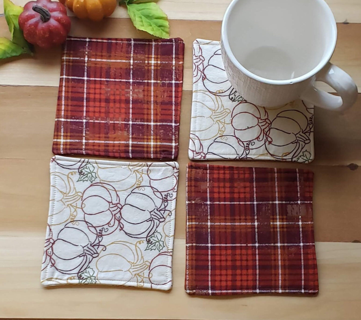 Pumpkins and Plaid Coasters - Set of 4, Autumn Table, Cotton