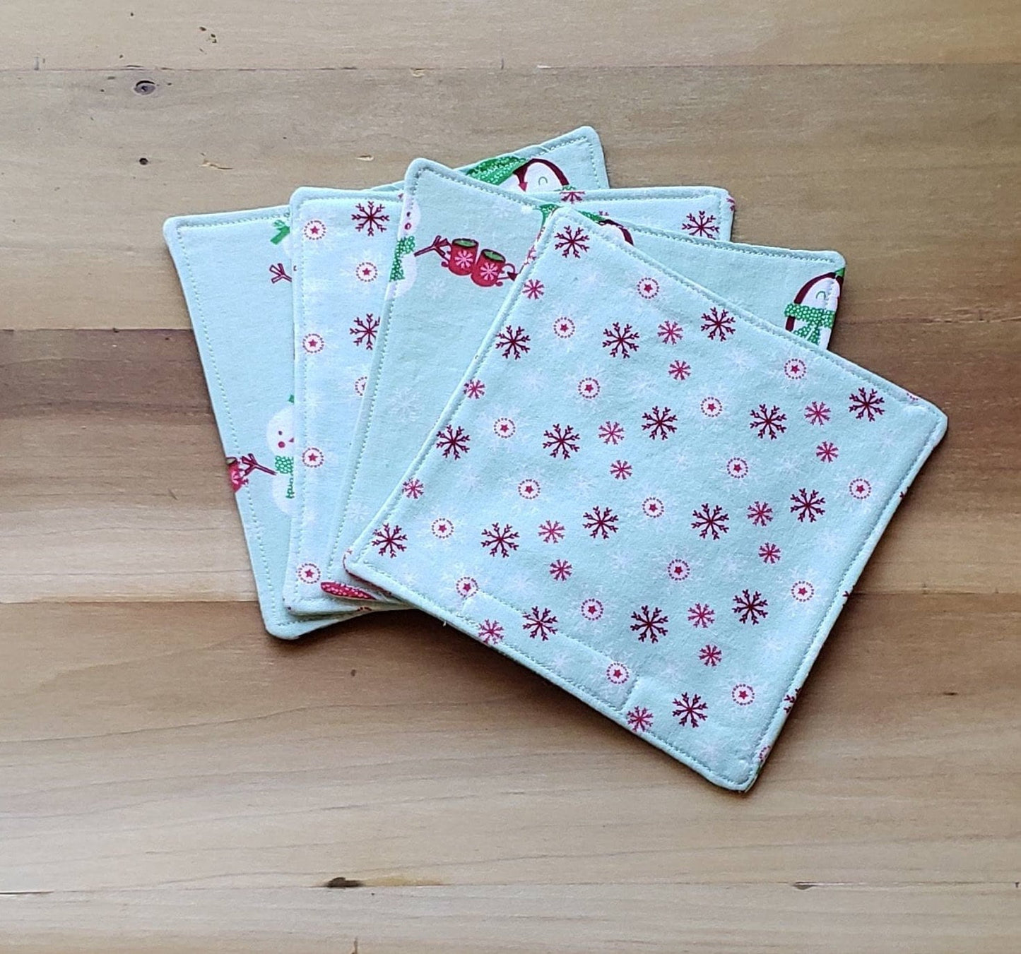 Winter Snowman and Penguin with Hot Chocolate - Set of 4 Fabric Coasters, Mug Rugs