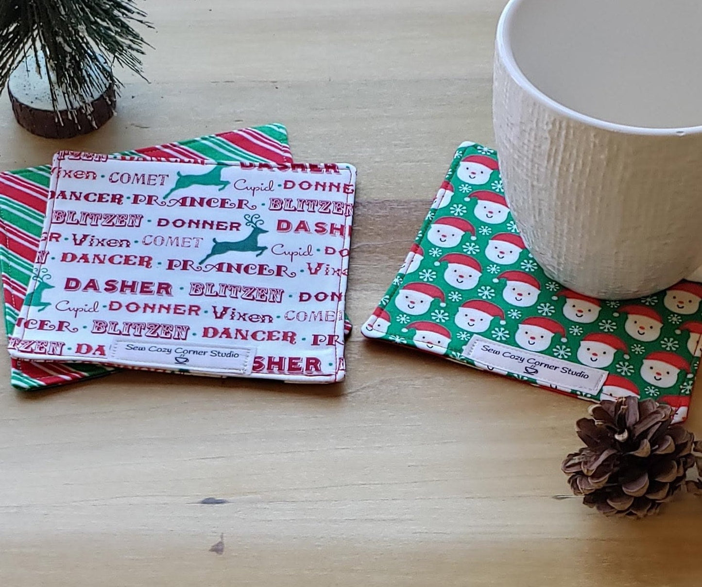 Santa and Reindeer Mix and Match- Set of 2 Fabric Coasters, Mug Rugs
