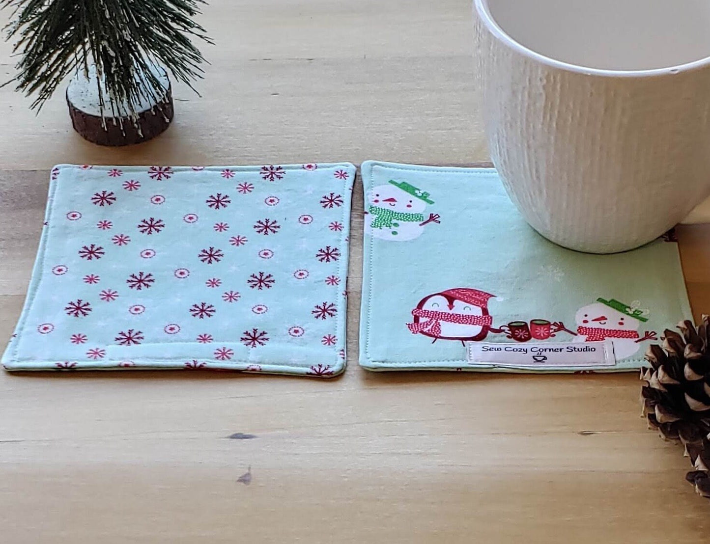 Winter Snowman and Penguin with Hot Chocolate - Set of 4 Fabric Coasters, Mug Rugs