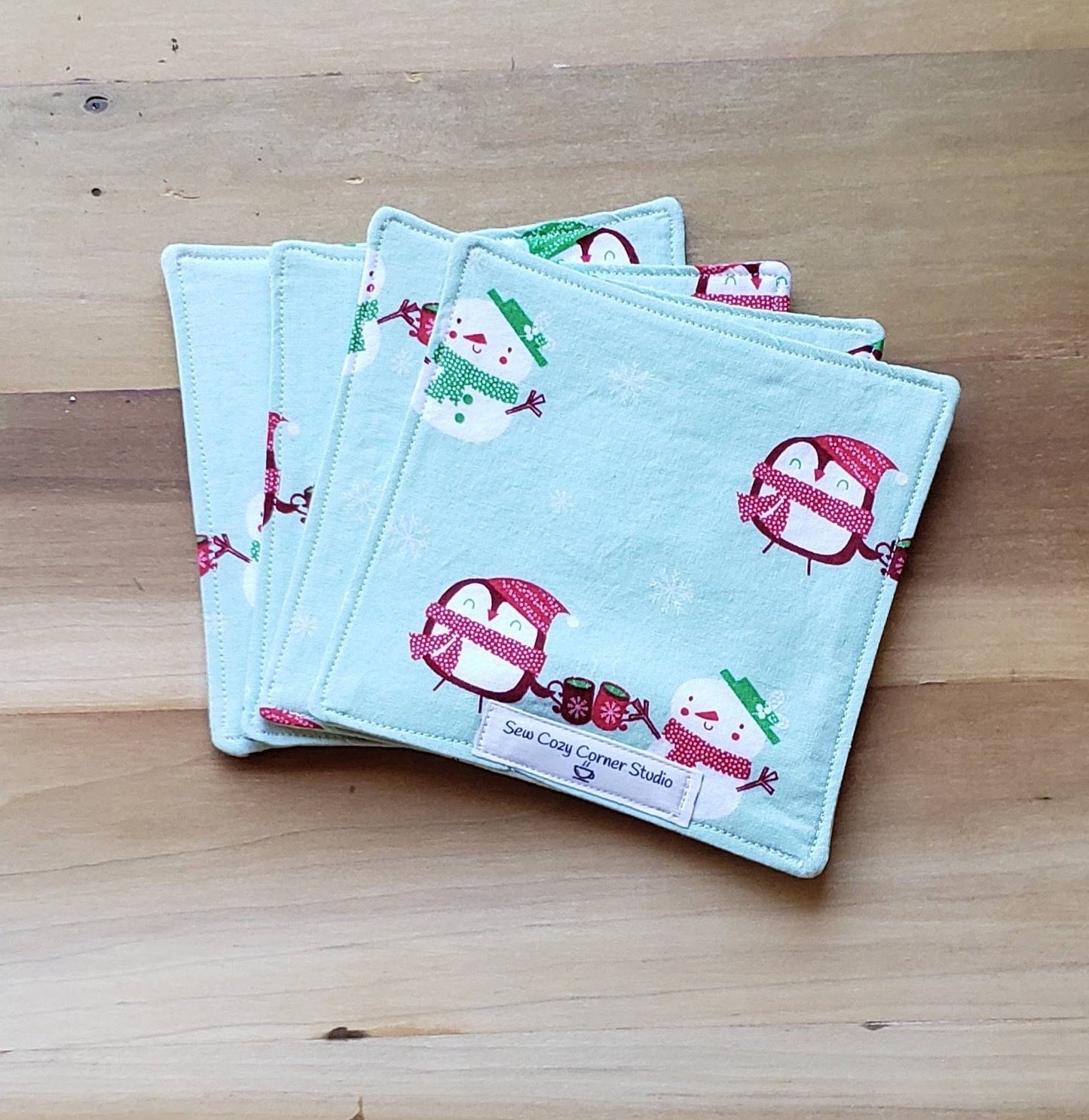 Winter Snowman and Penguin with Hot Chocolate - Set of 4 Fabric Coasters, Mug Rugs