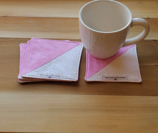 Pink Hearts Cloth Coasters - Set of 4, Fabric Mug Rugs, Pink and White