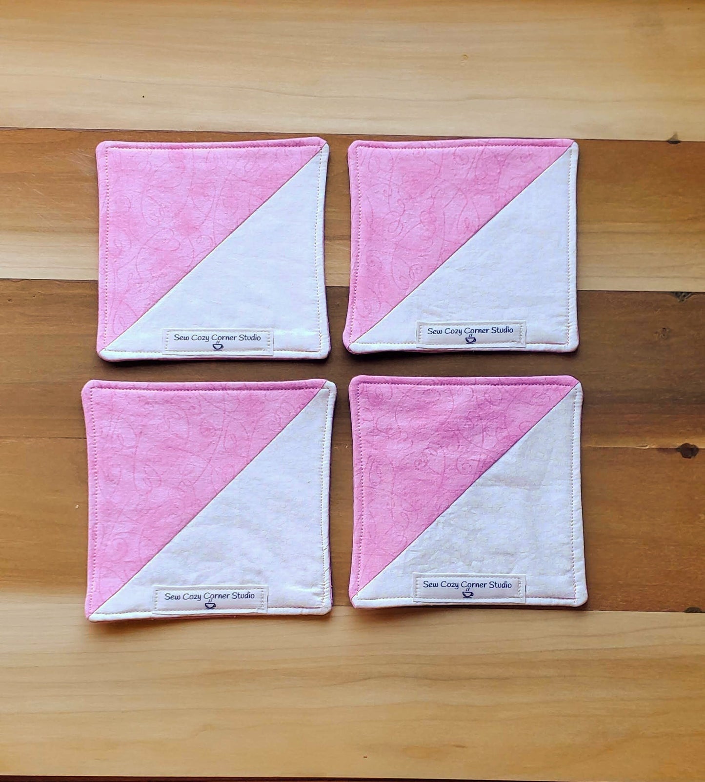 Pink Hearts Cloth Coasters - Set of 4, Fabric Mug Rugs, Pink and White