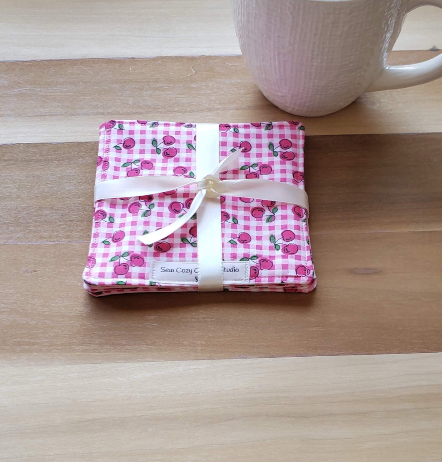 Gingham Cherries- Set of 4, Large Cloth Coasters, Mug Rugs