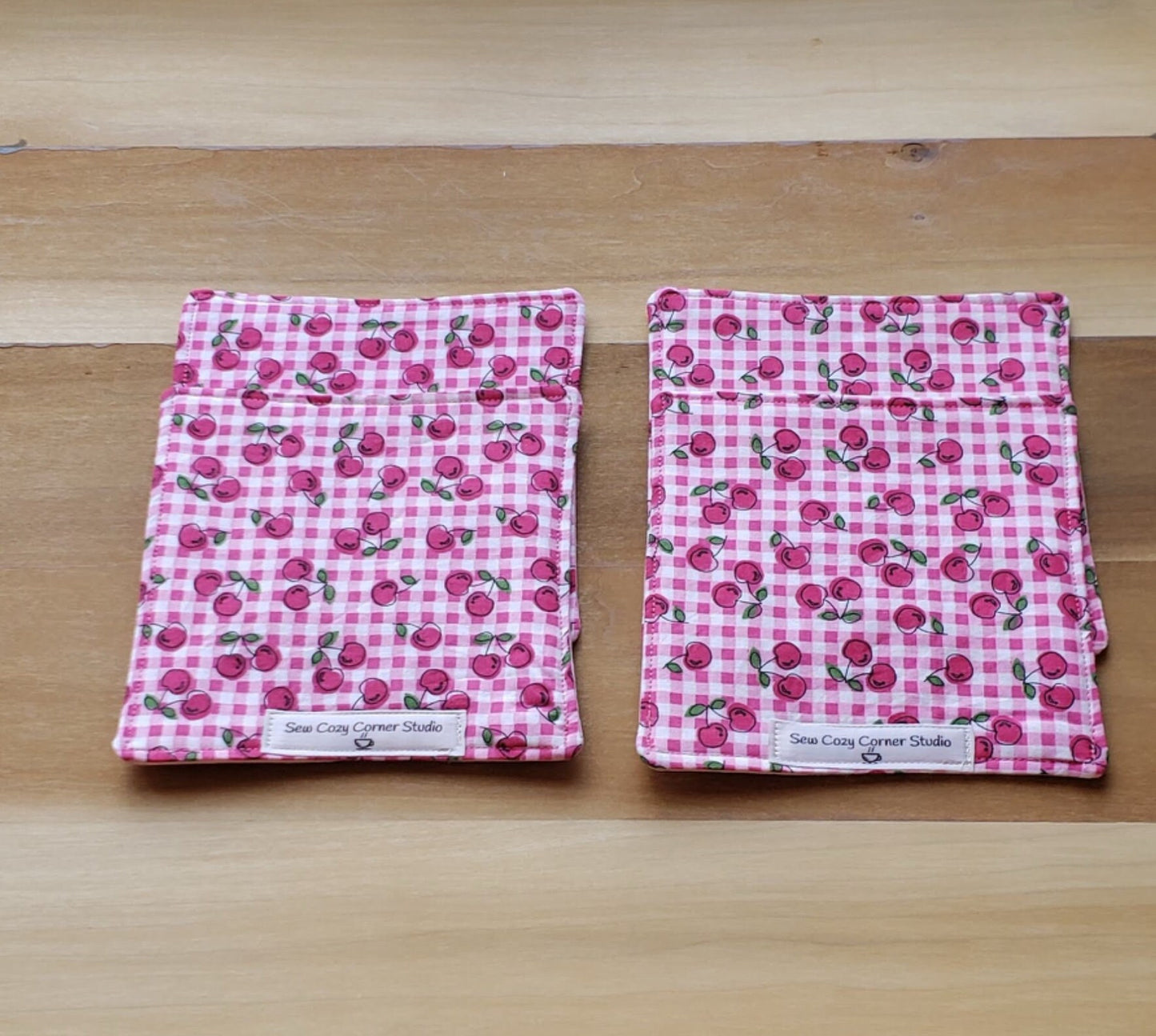 Gingham Cherries- Set of 4, Large Cloth Coasters, Mug Rugs