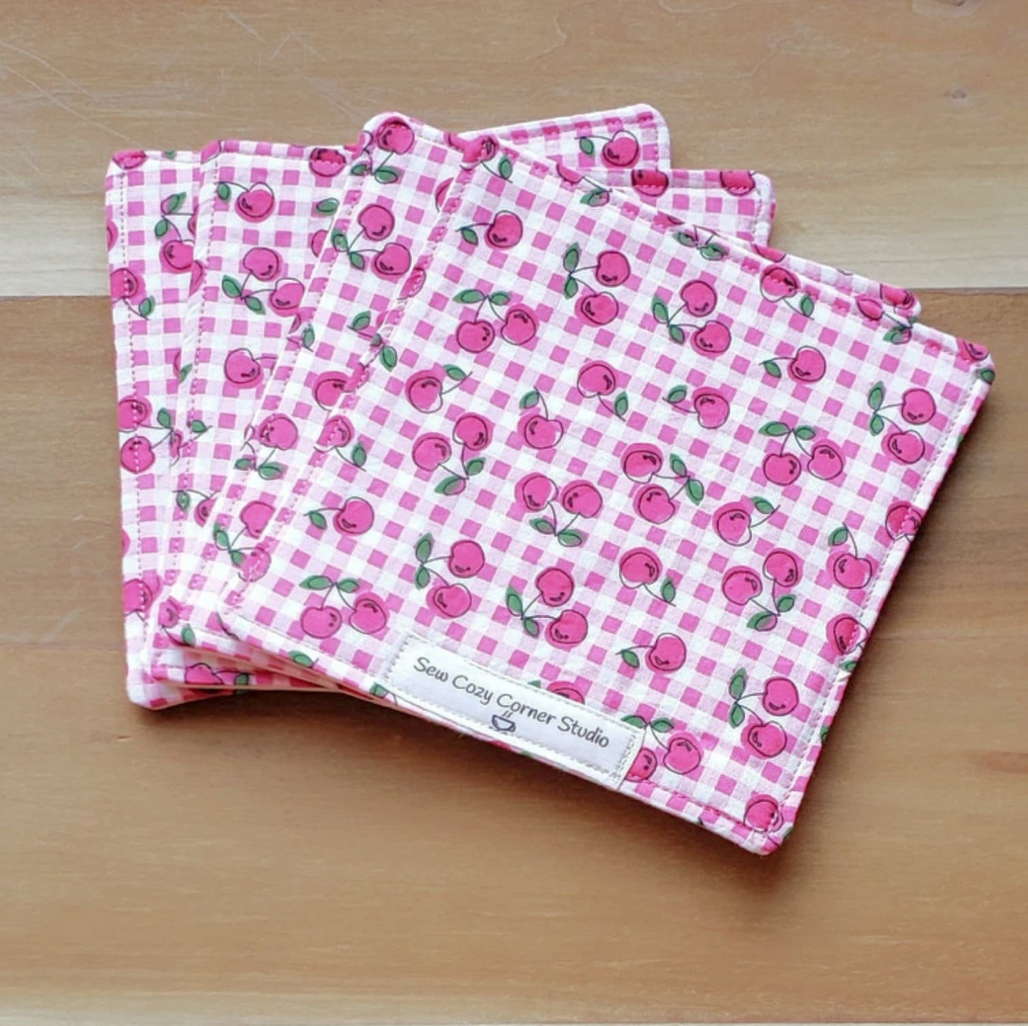 Gingham Cherries- Set of 4, Large Cloth Coasters, Mug Rugs