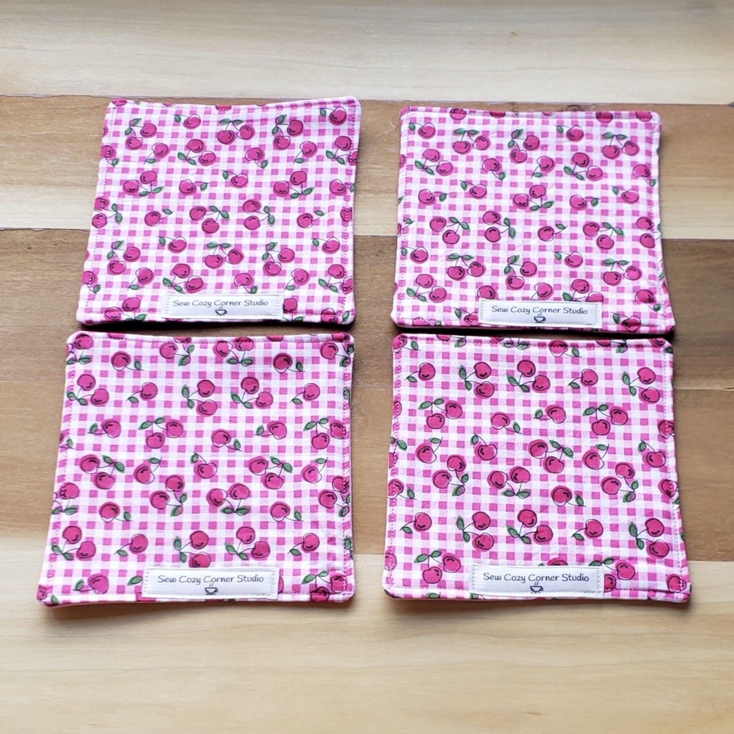 Gingham Cherries- Set of 4, Large Cloth Coasters, Mug Rugs