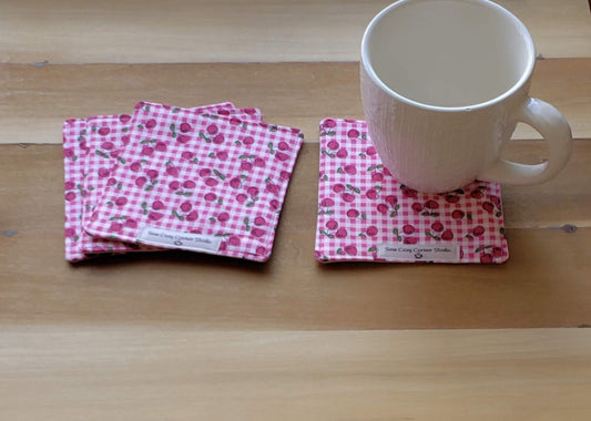 Gingham Cherries- Set of 4, Large Cloth Coasters, Mug Rugs